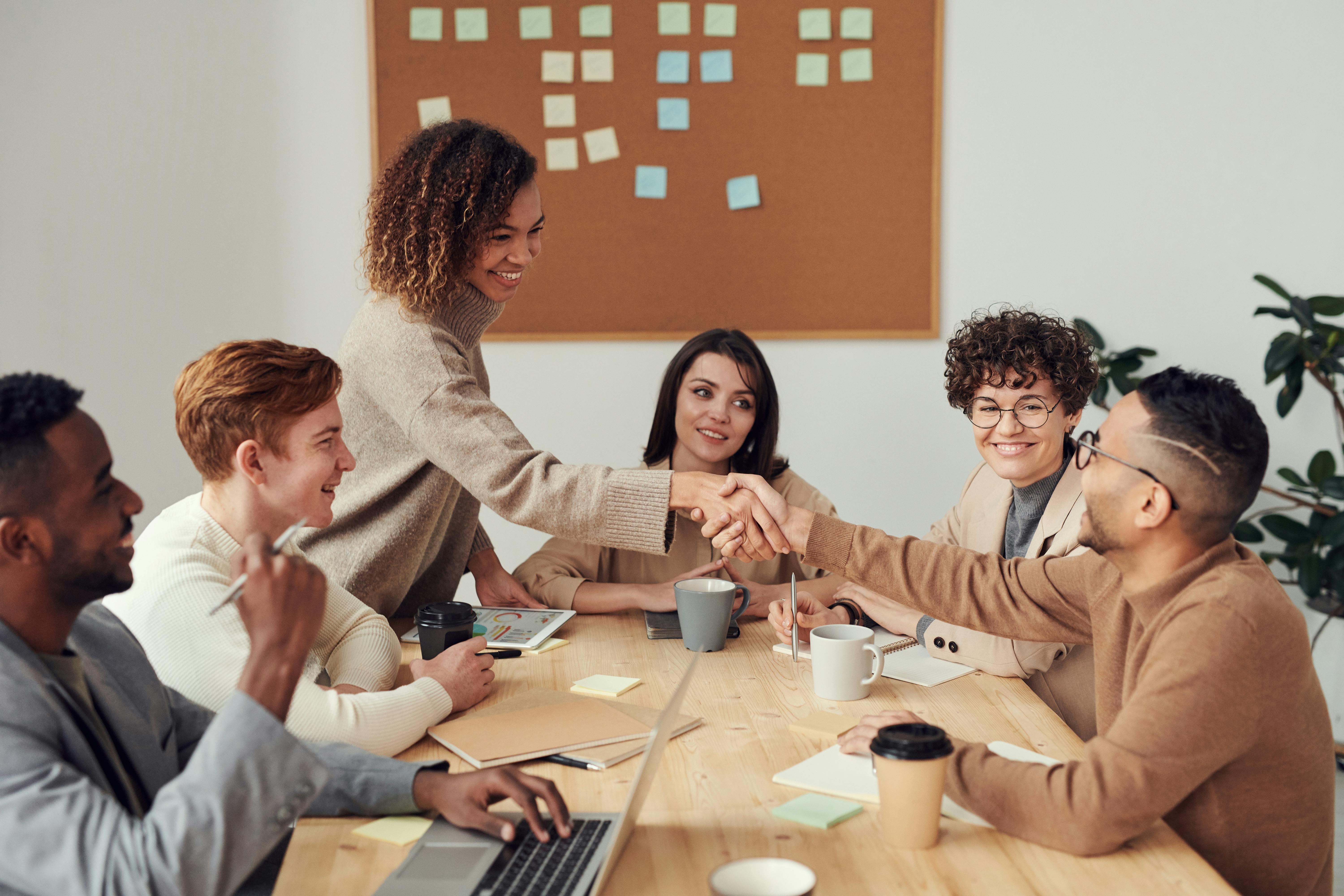 young professionals at table in meeting shake hands